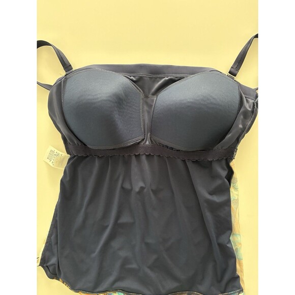 Lands End Swim Top Size 12 Blue Brown Floral Blouson Tummy Hiding Ruched Tankini - Picture 6 of 11